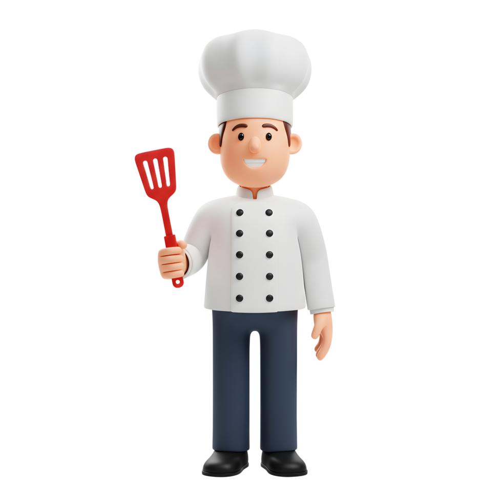 A friendly cartoon chef, beaming with joy, holds a red spatula. His white chef's uniform and tall hat add to his charming appearance, creating a lighthearted and delightful image. png