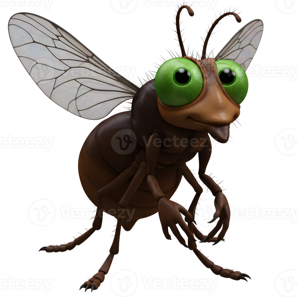 A friendly cartoon fly with big, bright green eyes and translucent wings smiles playfully. Its brown body is detailed, creating a charming and whimsical mood. png