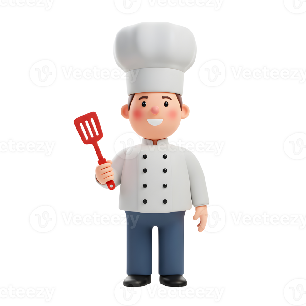 A cheerful cartoon chef, in his pristine white uniform and tall chef's hat, holds a red spatula. His joyful expression adds a friendly, welcoming touch. png