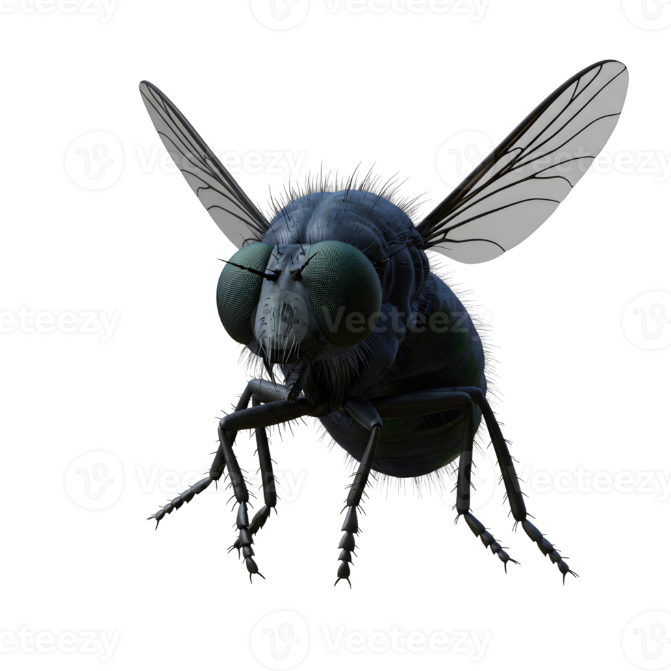 A detailed rendering of a bluebottle fly, showcasing its iridescent body, large green eyes, and delicate wing structure. The image offers a dramatic, almost cinematic mood. png