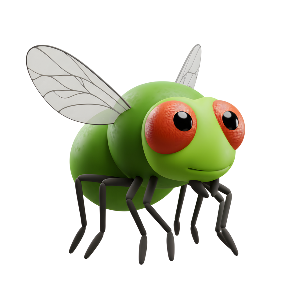 A cute, green cartoon fly with big, expressive red eyes takes flight Its playful design and 3D style create a cheerful, whimsical mood. png
