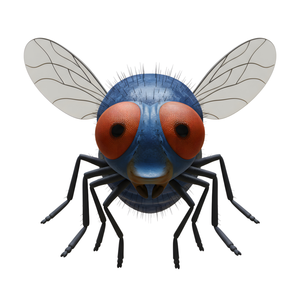 A friendly cartoon fly with big, bright red eyes beams at you Its blue body and translucent wings add to its charming, whimsical look. png