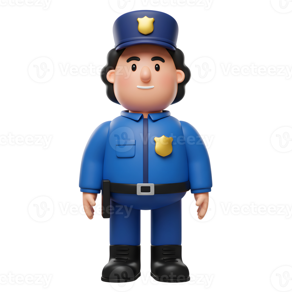 A friendly cartoon police officer smiles warmly, standing in a bright blue uniform. His cheerful expression and simple design create a positive, approachable mood. png