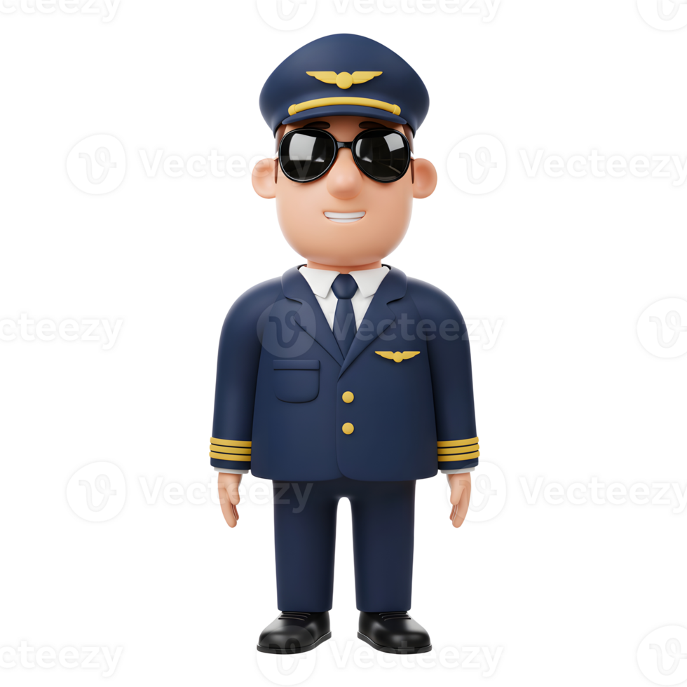 A friendly cartoon pilot, smartly dressed in his uniform and sunglasses, stands ready for takeoff. The cheerful mood and simple style make this a delightful image. png