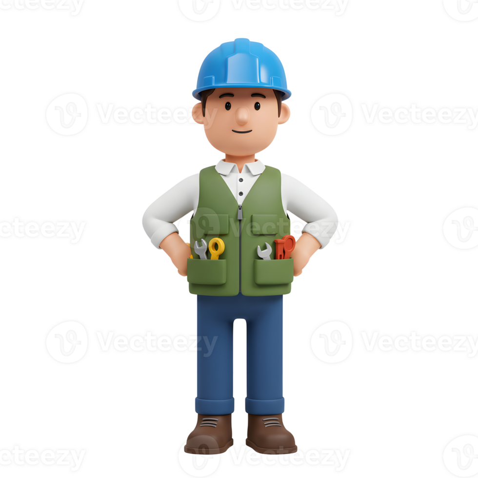 A cheerful cartoon technician stands ready, tools in his vest pockets. His confident pose and bright colors create a positive and approachable mood. png