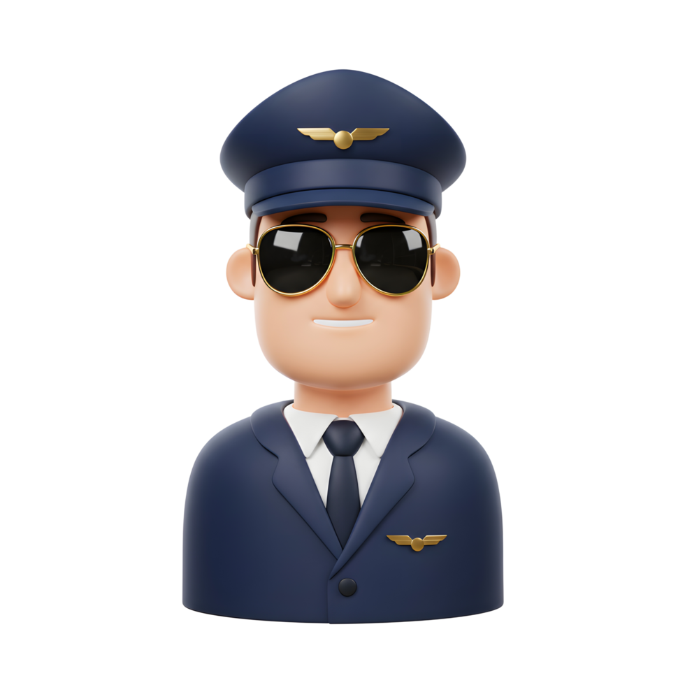 A cheerful cartoon pilot, wearing a navy blue uniform and aviator sunglasses, smiles confidently. The 3D-rendered image exudes a friendly, approachable vibe. png
