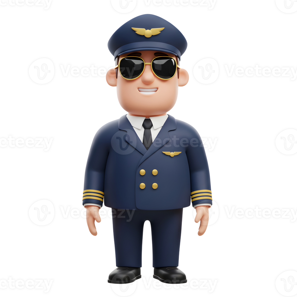 A friendly cartoon pilot, in a crisp blue uniform and cool shades, smiles warmly. A cheerful and inviting 3D character. png