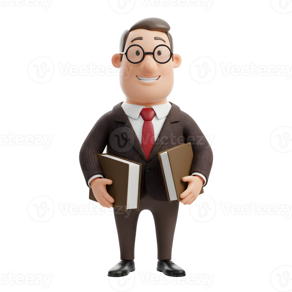 A cheerful cartoon professor stands proudly, holding two books. His glasses and warm smile create a friendly, approachable vibe. png
