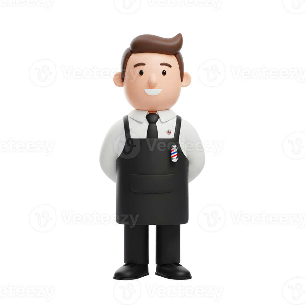 A cheerful cartoon barber stands ready, his black apron and barber pole pin adding a professional touch. A friendly, simple style. png