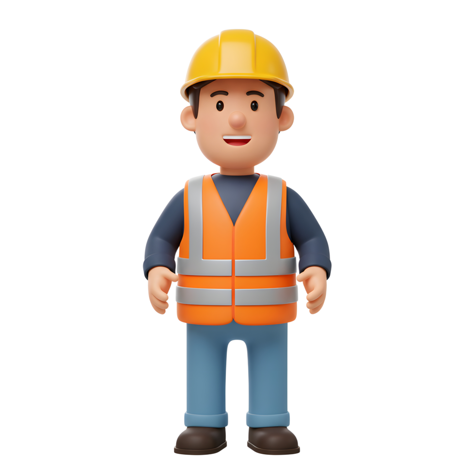 A friendly cartoon construction worker beams, clad in a bright orange safety vest and yellow helmet. His cheerful demeanor and 3D style create a fun, approachable image. png