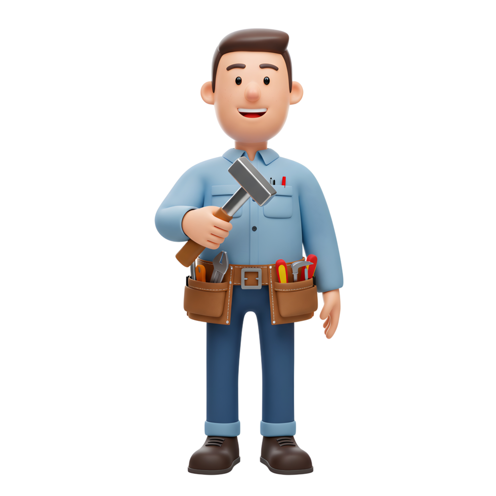 A cheerful cartoon handyman smiles, holding a hammer and displaying a full tool belt. Friendly and approachable, ready for any job png