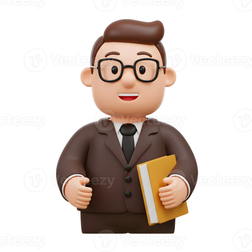 A cheerful cartoon businessman, in a brown suit and glasses, holds a book. Friendly and approachable, this 3D rendered image exudes professionalism and confidence. png