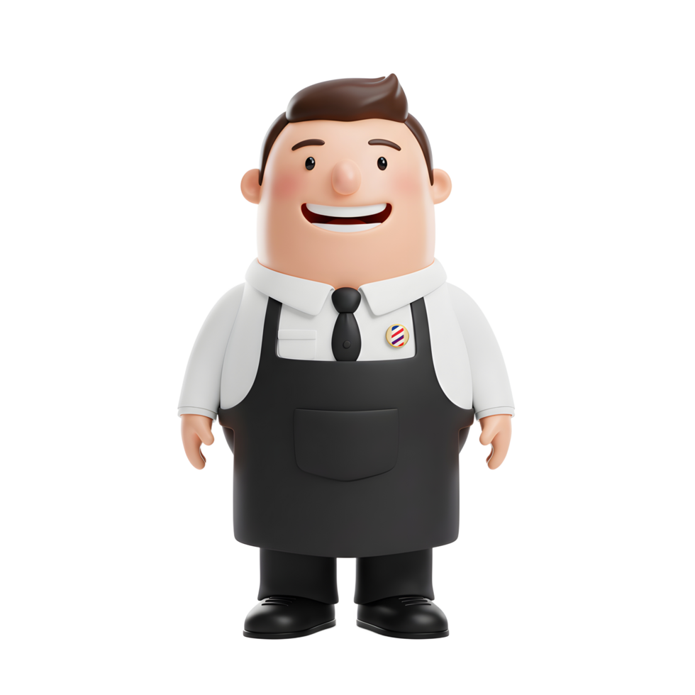 A happy cartoon barber, wearing a crisp white shirt and black apron, welcomes you with a friendly smile. Positive and approachable, he's ready to serve png