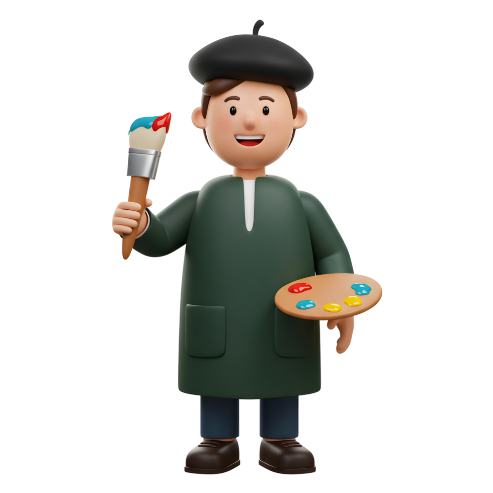 A happy cartoon artist holds a paintbrush and palette, ready to create. The colors are bright, the mood cheerful and inviting. png
