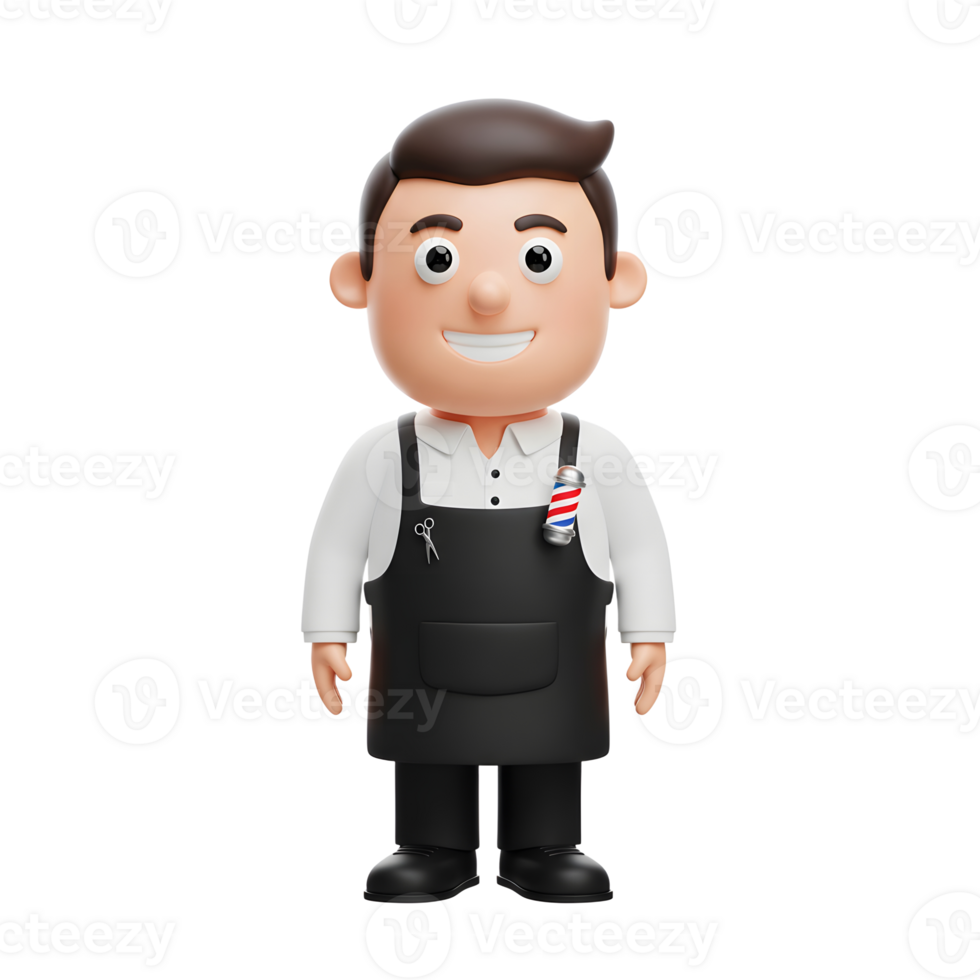 A friendly cartoon barber, wearing a black apron and barber pole, smiles warmly. Perfect for a cheerful, professional image png