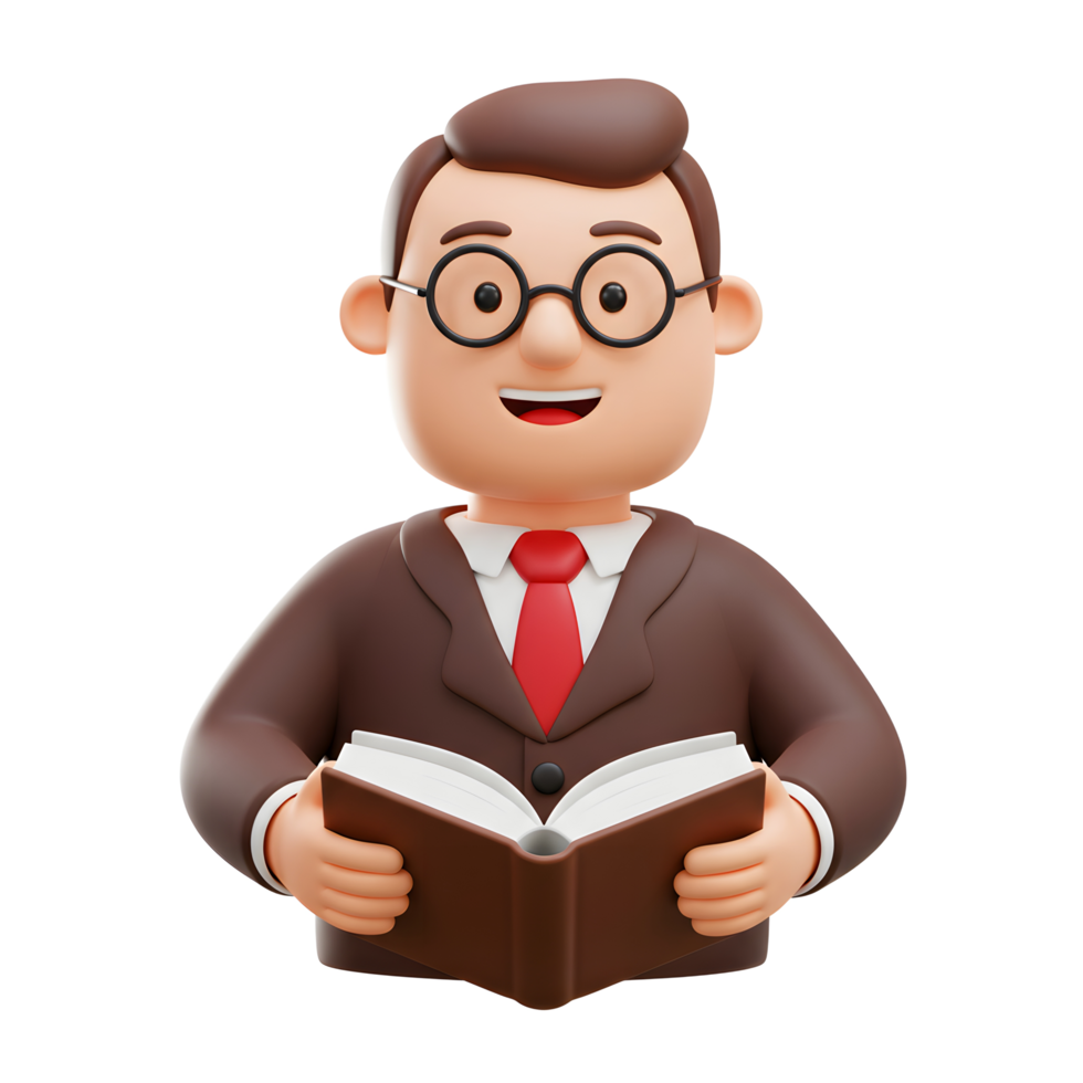 A friendly 3D cartoon businessman, wearing glasses and a brown suit, smiles warmly while holding an open book. The scene is cheerful and inviting. png
