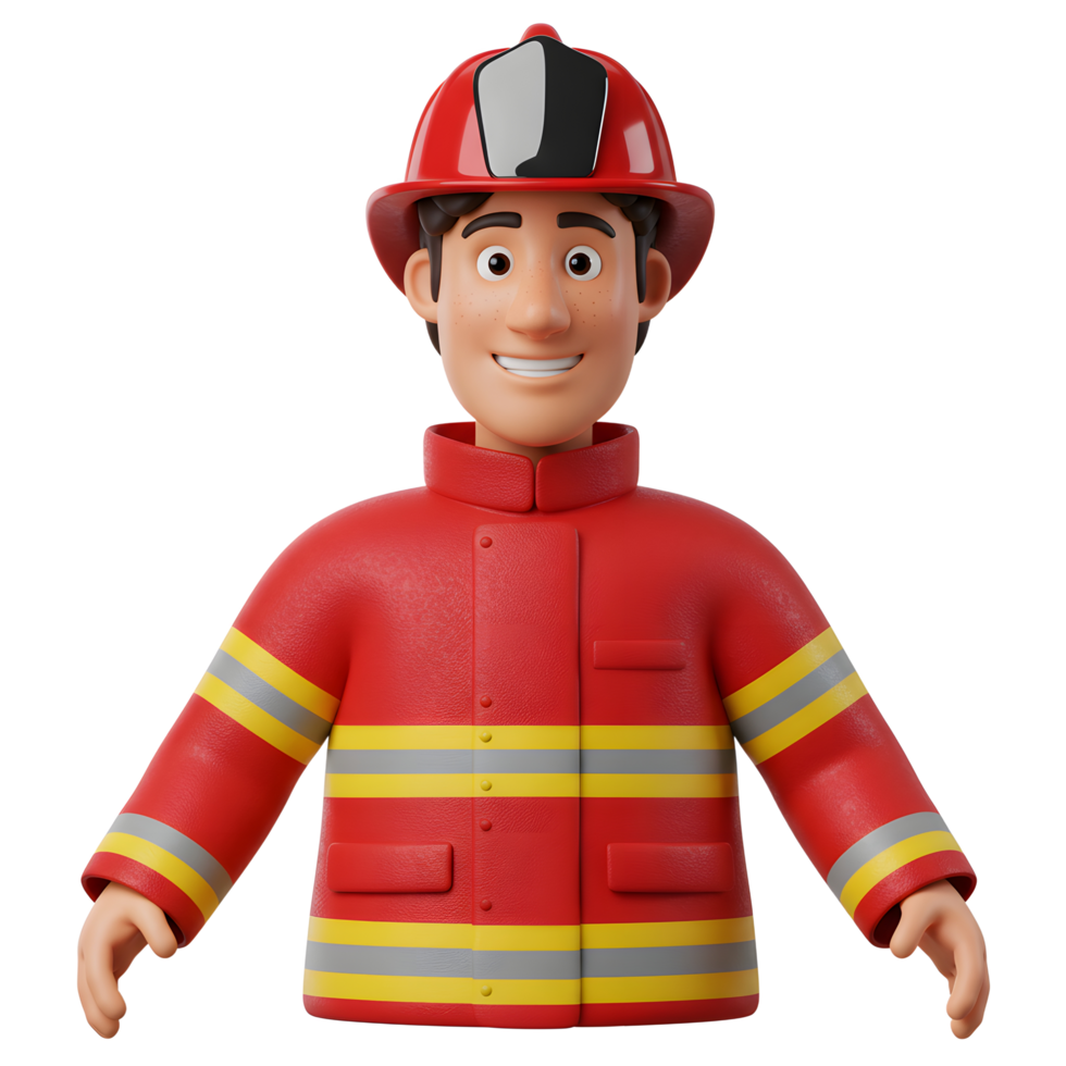 A happy cartoon firefighter smiles warmly, dressed in a bright red uniform with yellow stripes. His helmet completes the friendly look. Cheerful and approachable png