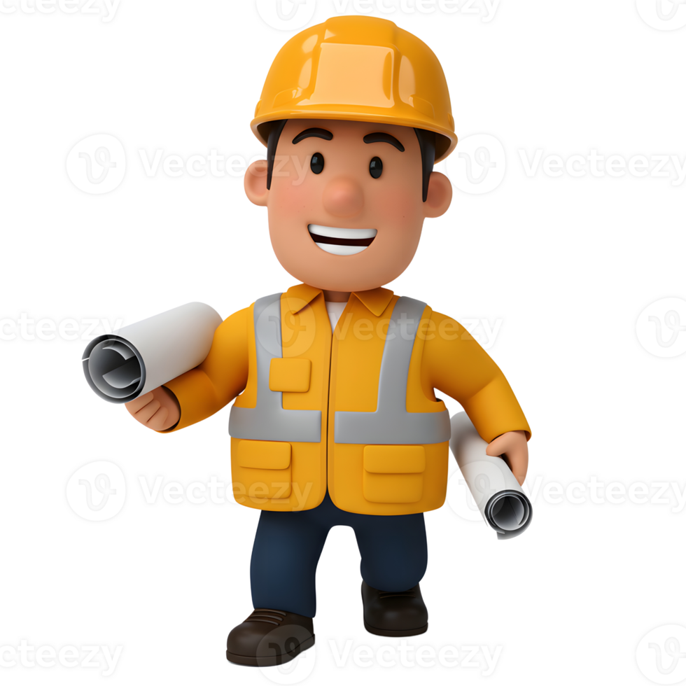 A smiling cartoon construction worker, clad in bright yellow, confidently holds blueprints. His happy expression and vibrant attire create a cheerful and optimistic mood. png