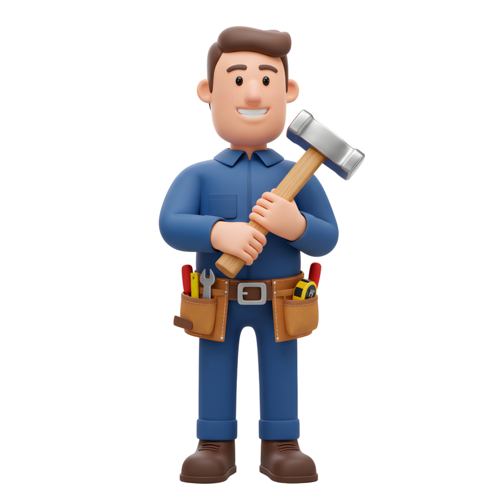 A cheerful cartoon handyman confidently holds a hammer, his tool belt brimming with essential tools. Friendly and approachable, he embodies skilled craftsmanship. png