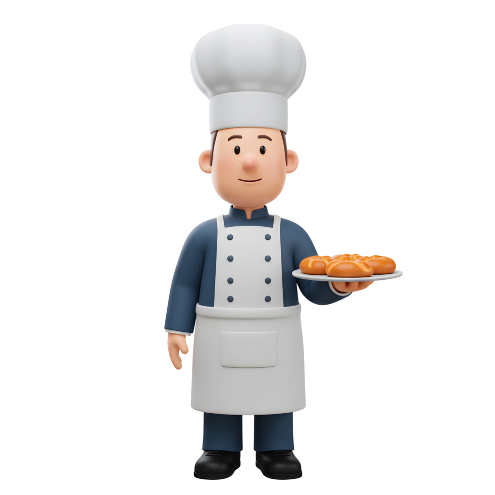 A cheerful cartoon baker proudly displays freshly baked golden breads on a plate. His joyful expression and the warm tones create a friendly, inviting atmosphere. png