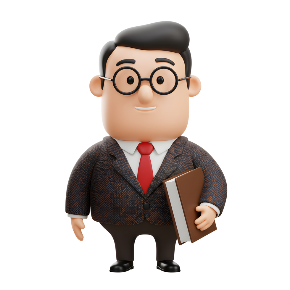 A friendly cartoon professor smiles warmly, holding a book. He's dressed in a suit and glasses, creating a cheerful and approachable image. png