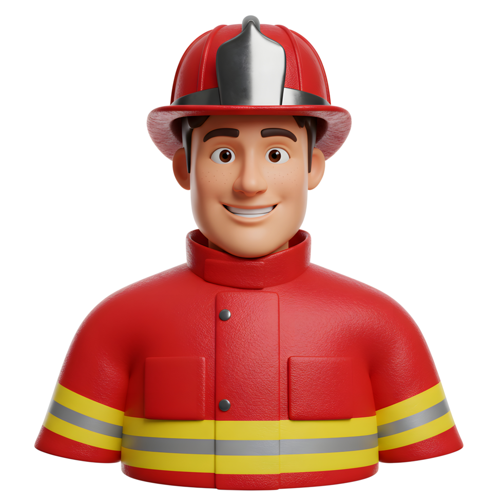 A friendly 3D cartoon firefighter smiles warmly, his bright red uniform and helmet creating a cheerful and approachable image. Perfect for safety campaigns png