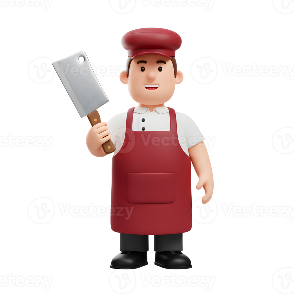 A friendly cartoon butcher, smiles warmly while holding a cleaver. He's dressed in a classic red apron and cap, creating a charming and inviting image. png