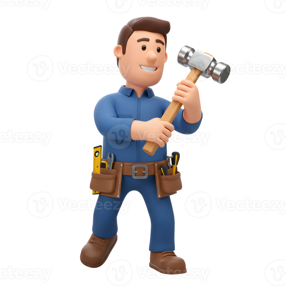 A smiling cartoon handyman confidently holds a hammer, his tool belt brimming with essentials. Playful and charming, he's ready for any job png