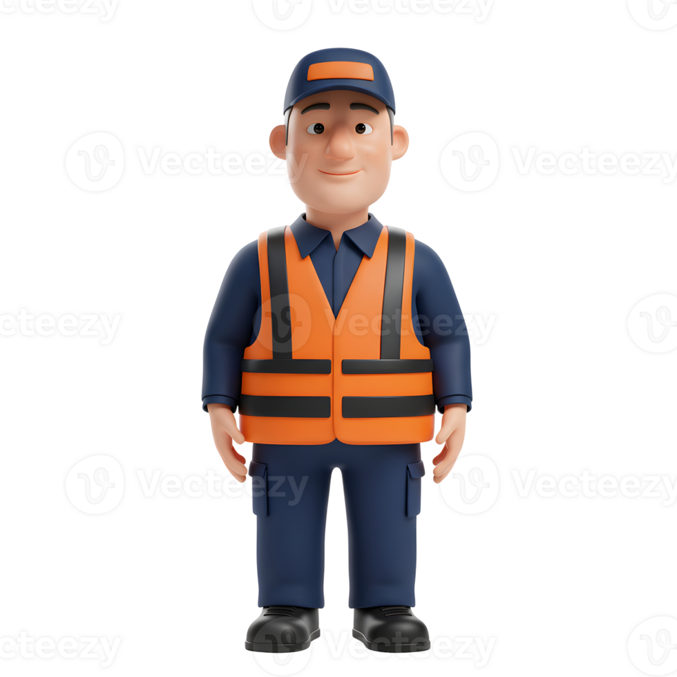 A cheerful cartoon worker, donned in a bright orange safety vest and navy blue uniform, stands ready. His friendly demeanor and 3D style create a welcoming and approachable image. png