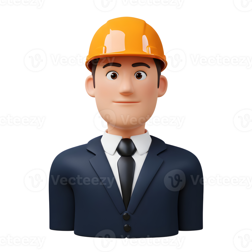 A friendly, cartoon-style engineer smiles confidently. He's dressed in a navy suit and a bright orange hard hat, creating a cheerful and approachable image. png