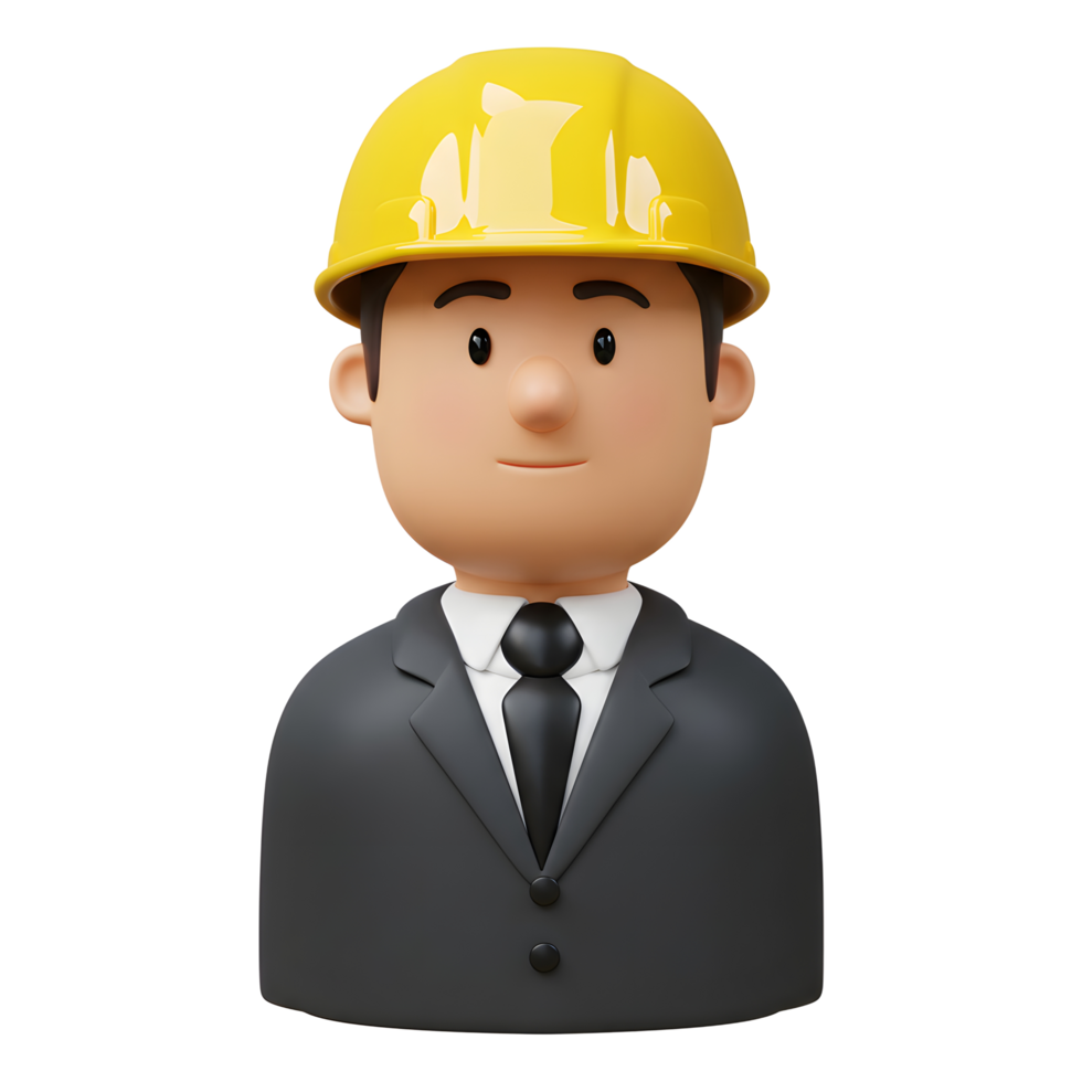 A cheerful cartoon engineer, depicted in a 3D rendering, smiles confidently in his dark suit and yellow hard hat. The image is bright and friendly. png