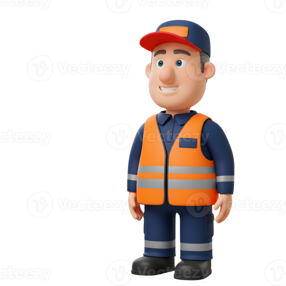 A friendly 3D cartoon worker, smiles brightly while wearing an orange safety vest and blue uniform. Positive and approachable, this happy character is ready for work png