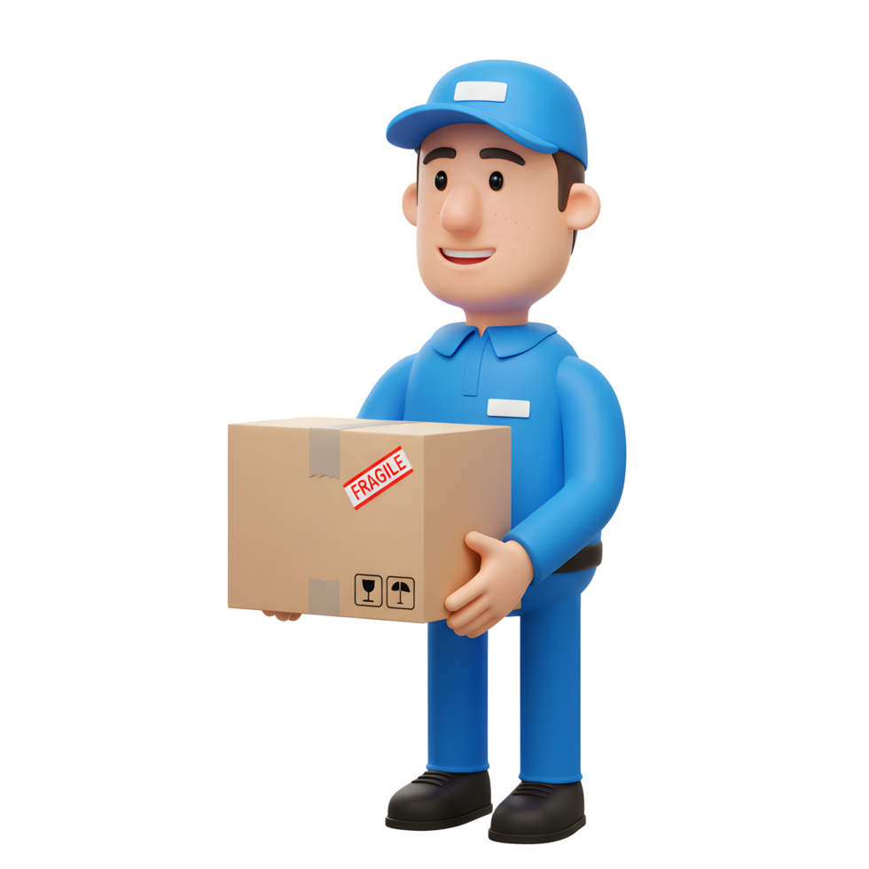 A friendly cartoon delivery person smiles while carefully holding a cardboard box marked 'fragile'. The bright, positive scene suggests safe and reliable shipping. png