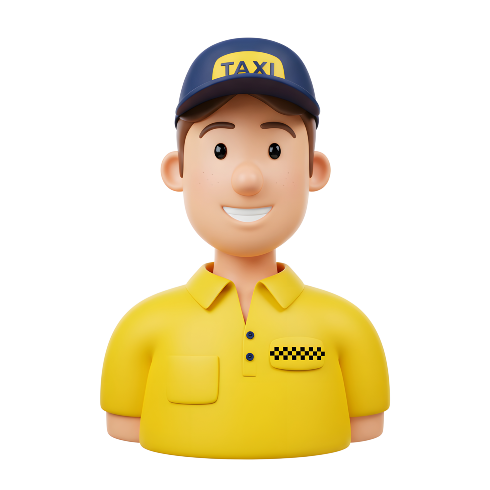 A smiling cartoon taxi driver in a yellow polo shirt and blue cap welcomes you His cheerful expression and simple design create a friendly and approachable mood. png