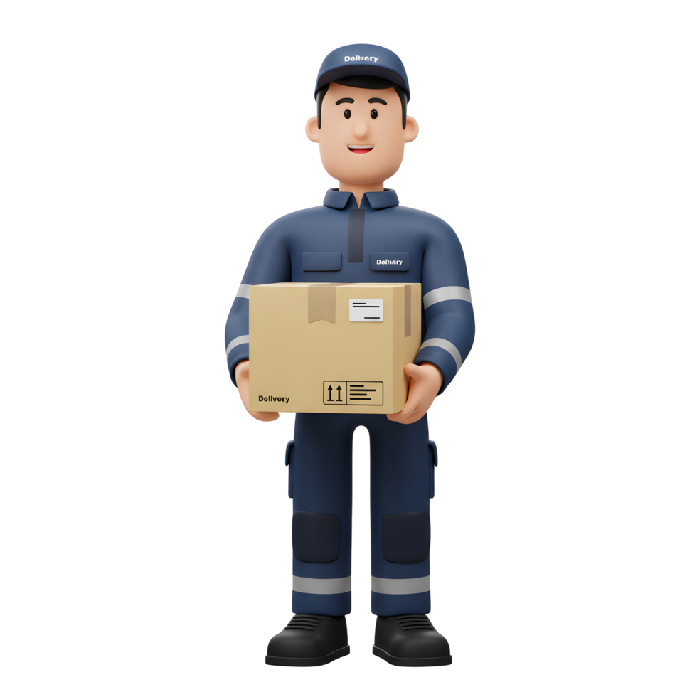 A cheerful cartoon delivery person in a blue uniform confidently holds a package. The scene is bright and friendly, conveying a sense of reliable service. png