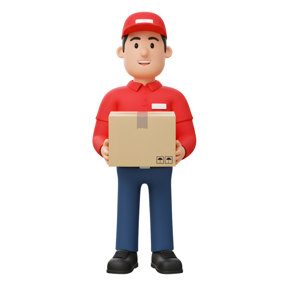 A friendly cartoon delivery person smiles warmly while holding a cardboard package. The cheerful scene evokes trust and efficient service. Simple yet expressive png