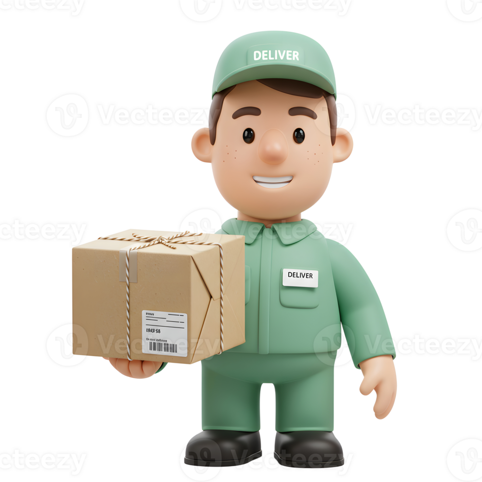 A cheerful cartoon delivery person, dressed in green, proudly presents a neatly wrapped package. The scene is bright and friendly, conveying a positive delivery experience. png
