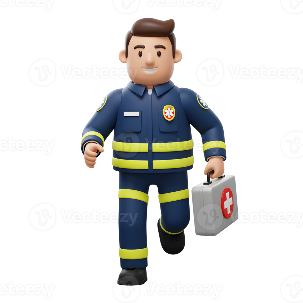 A friendly cartoon paramedic strides forward, first-aid kit in hand, radiating readiness and care. The bright, cheerful style evokes a sense of hope and assistance. png