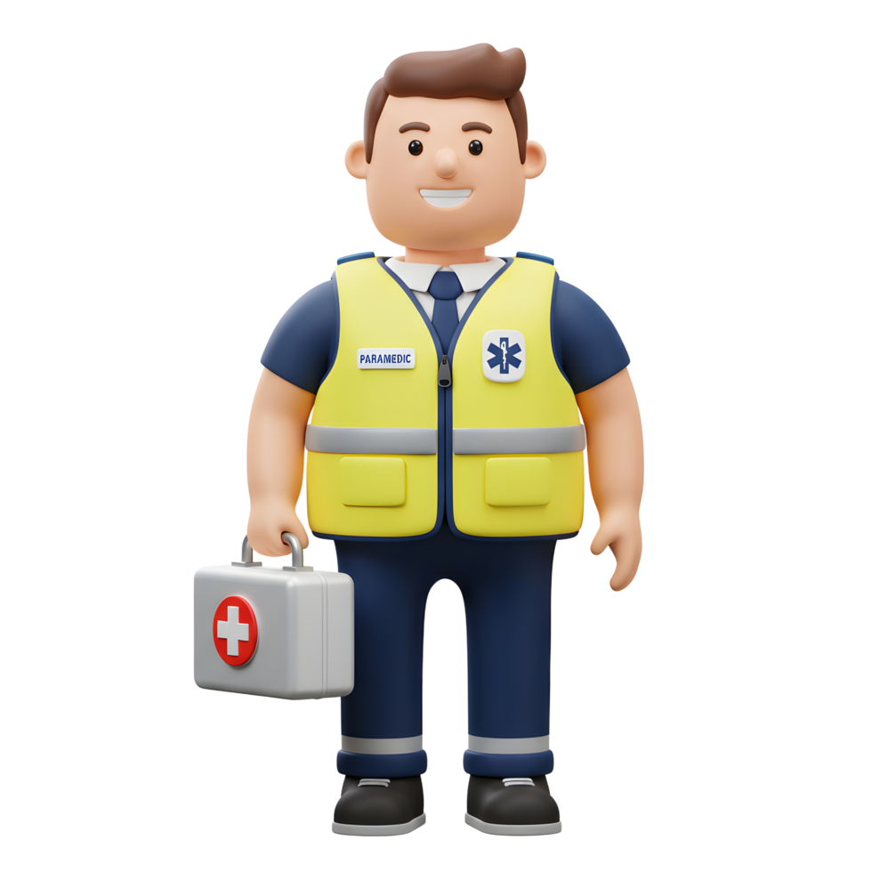 A cheerful 3D cartoon paramedic smiles warmly, holding a medical kit. He's ready to help, exuding a friendly and reassuring vibe. png