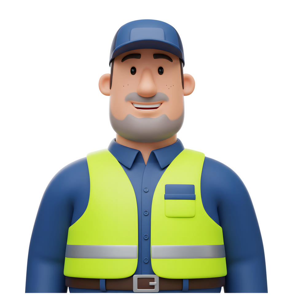 A cheerful 3D cartoon worker smiles warmly, wearing a bright safety vest and cap. Friendly and approachable, he exudes a positive, helpful vibe. png