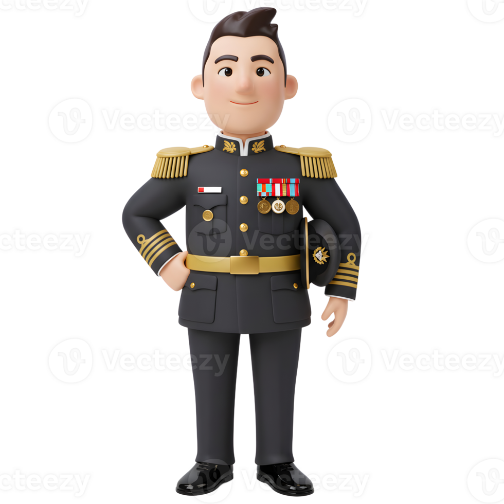 A cheerful cartoon officer stands tall in his formal military dress uniform, adorned with medals and a cap. The image evokes a sense of pride and authority. png