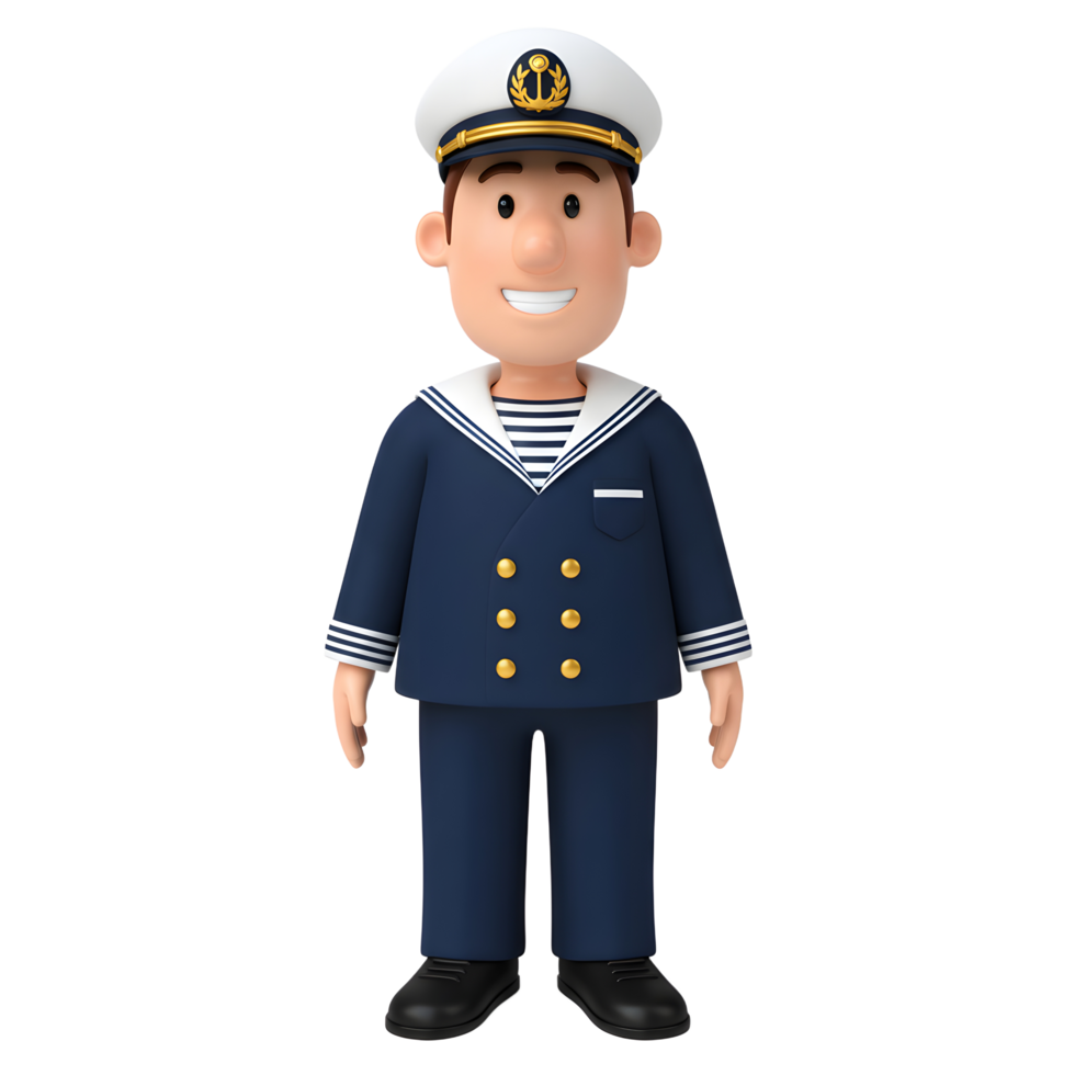 A friendly cartoon sailor smiles warmly, his navy blue uniform crisp and neat. The charming 3D style evokes a playful mood. png