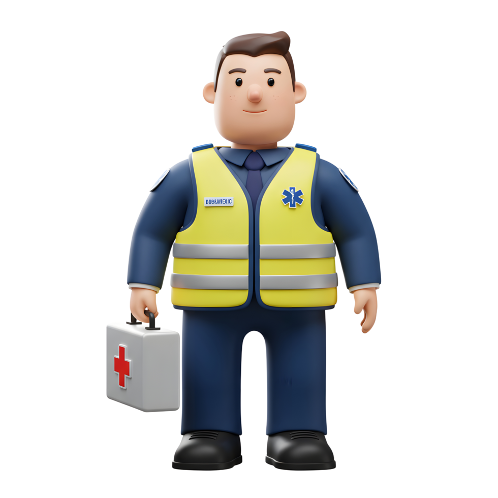 A cheerful 3D cartoon paramedic smiles warmly, holding a first aid kit. He's dressed in a bright yellow safety vest, conveying a helpful and approachable demeanor. png