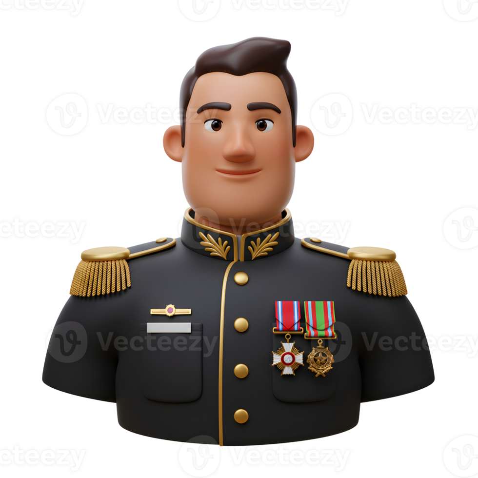 A cheerful 3D cartoon of a military officer in formal attire. His medals and gold epaulets add to his distinguished look, creating a friendly yet authoritative feel. png