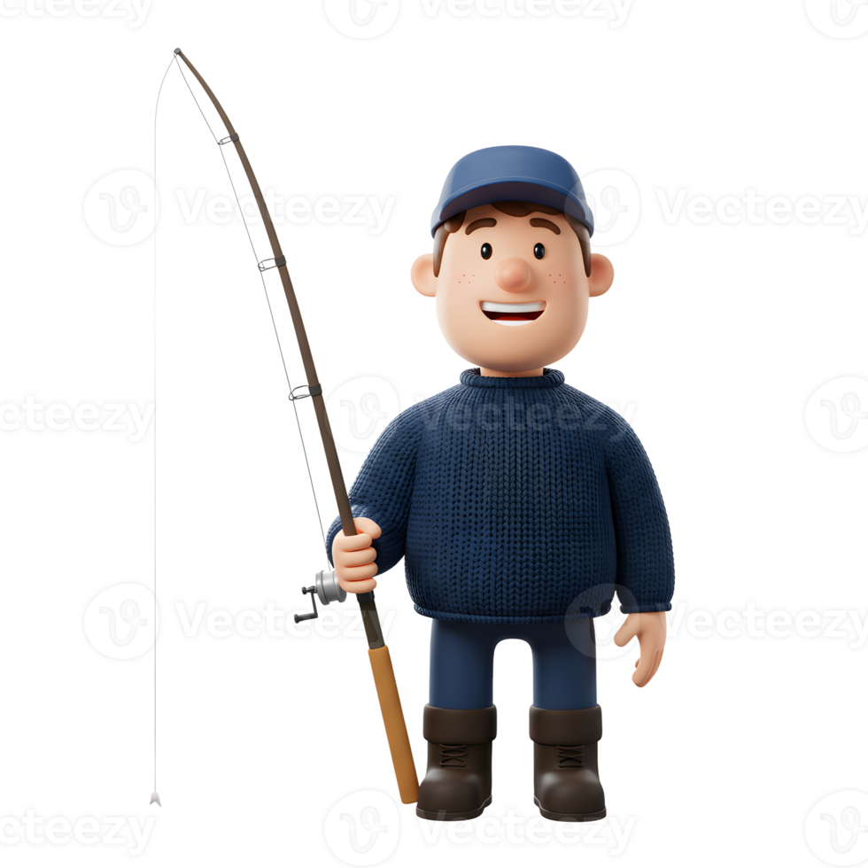 A friendly cartoon fisherman smiles, holding his fishing rod ready for a catch. The scene is bright and cheerful, suggesting a fun day outdoors. png
