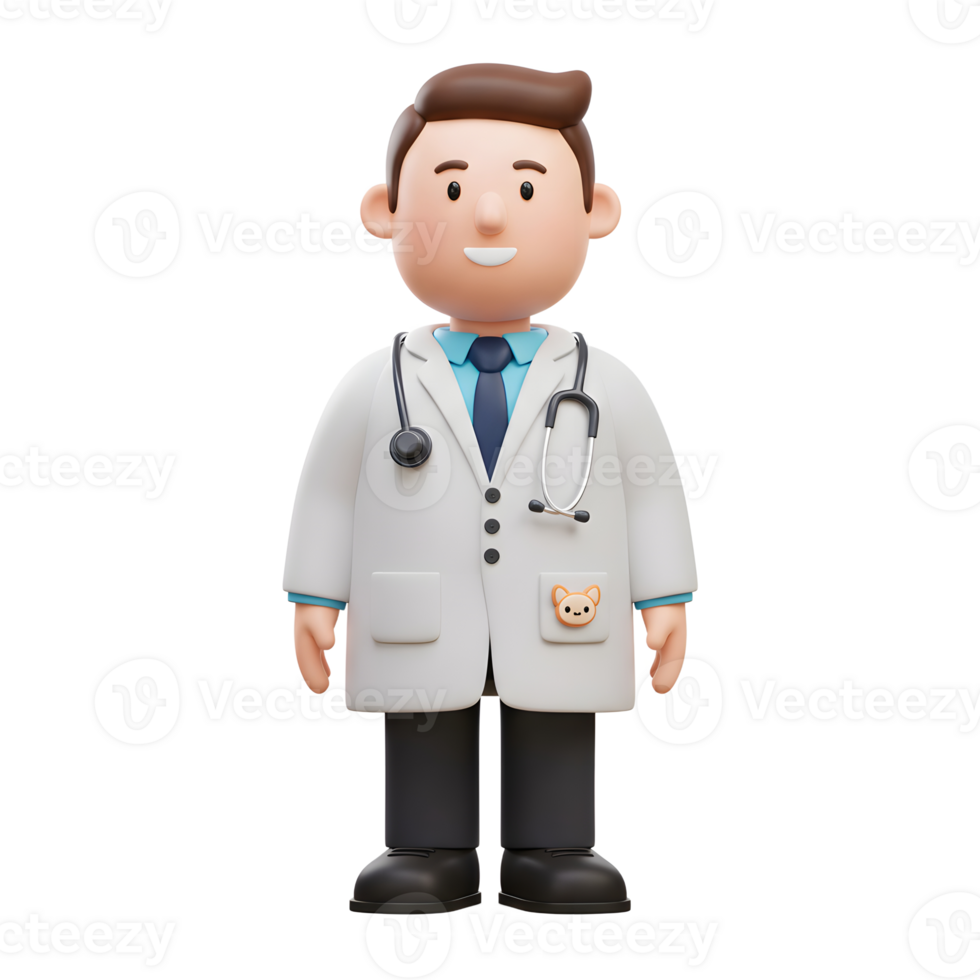 A cheerful cartoon vet, dressed in a pristine white coat and stethoscope, stands ready to help. A cute pet icon adds a heartwarming touch. Friendly and approachable png