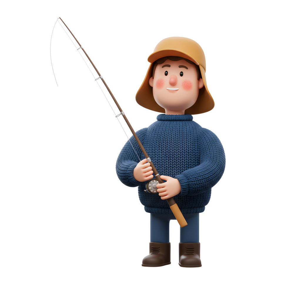 A friendly cartoon fisherman stands proudly, holding his fishing rod. His joyful expression and cozy sweater create a warm, inviting scene. png