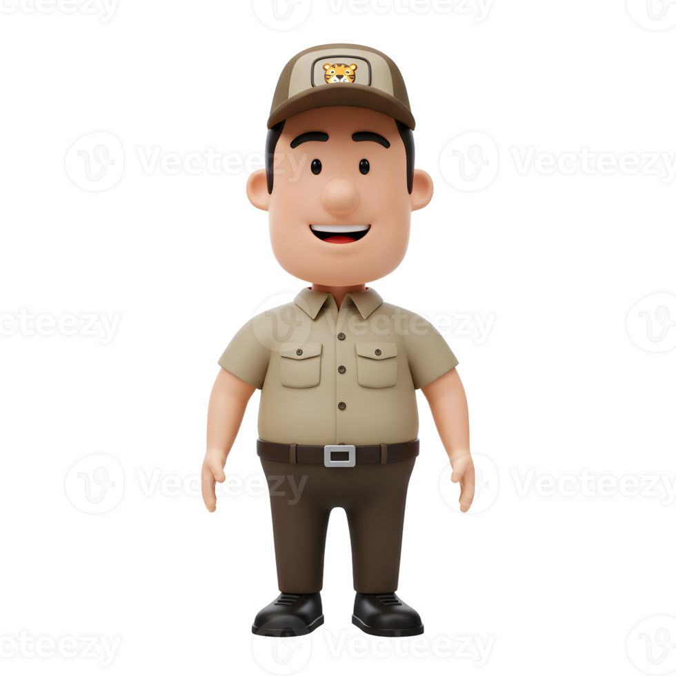 A smiling cartoon delivery person in a khaki uniform and cap stands ready. Friendly and approachable, this 3D character is perfect for delivery services. png