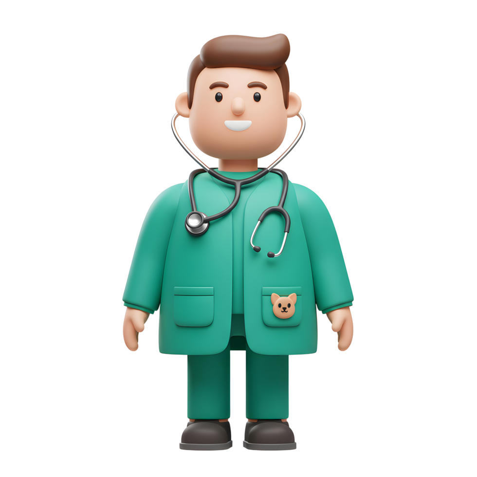 A cheerful cartoon vet, in a teal uniform, smiles warmly. A stethoscope hangs around his neck, and a cute pet patch adorns his pocket. Friendly and approachable png
