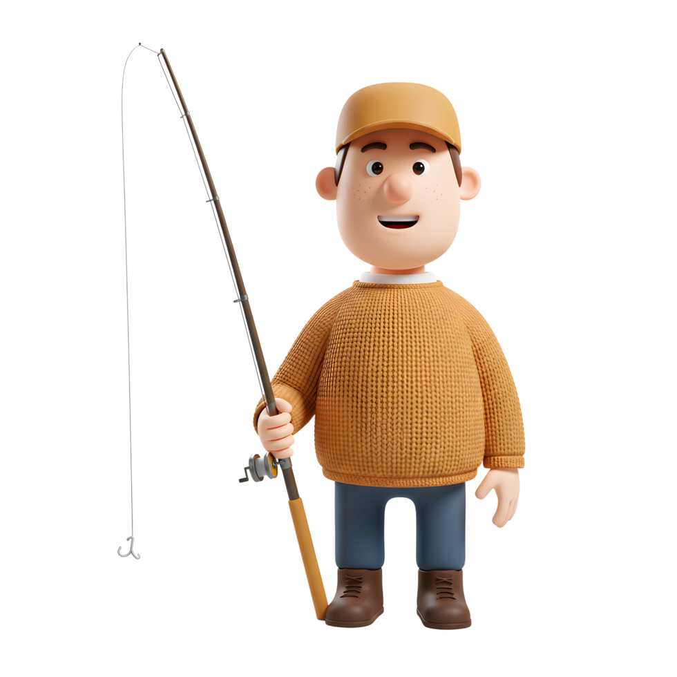 A friendly cartoon fisherman, wearing a warm sweater and cap, holds his fishing rod with a cheerful smile. The scene is bright and inviting. png